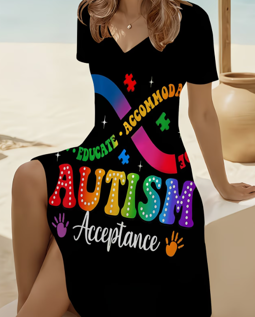 Autism Acceptance Plus-Size V-Neck Dress